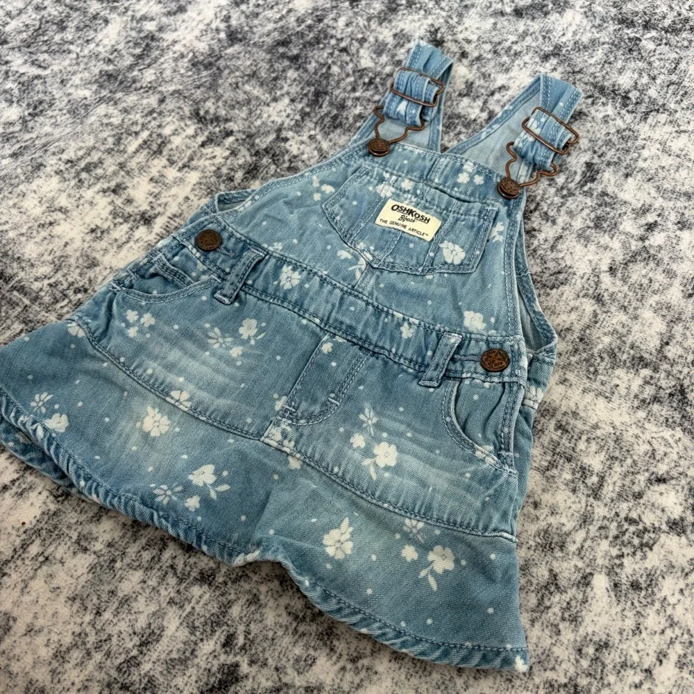 OshKosh B'gosh Floral Denim Overall Jumper Dress 9M Blue Baby Girls
